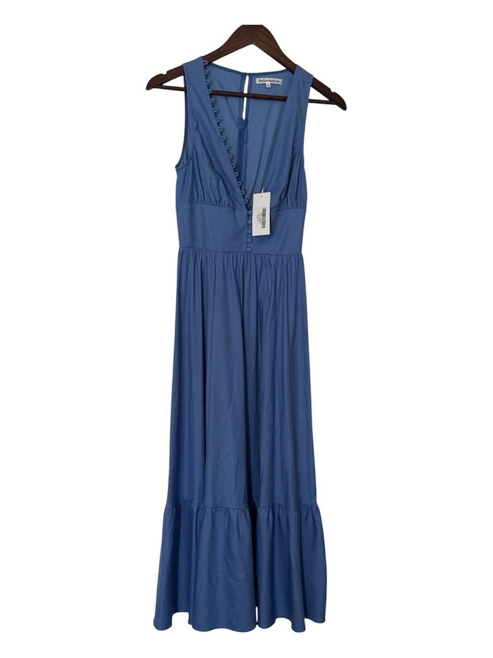 Reformation Indigo Blue Sleeveless Maxi Dress with V-Neck and Button Trim